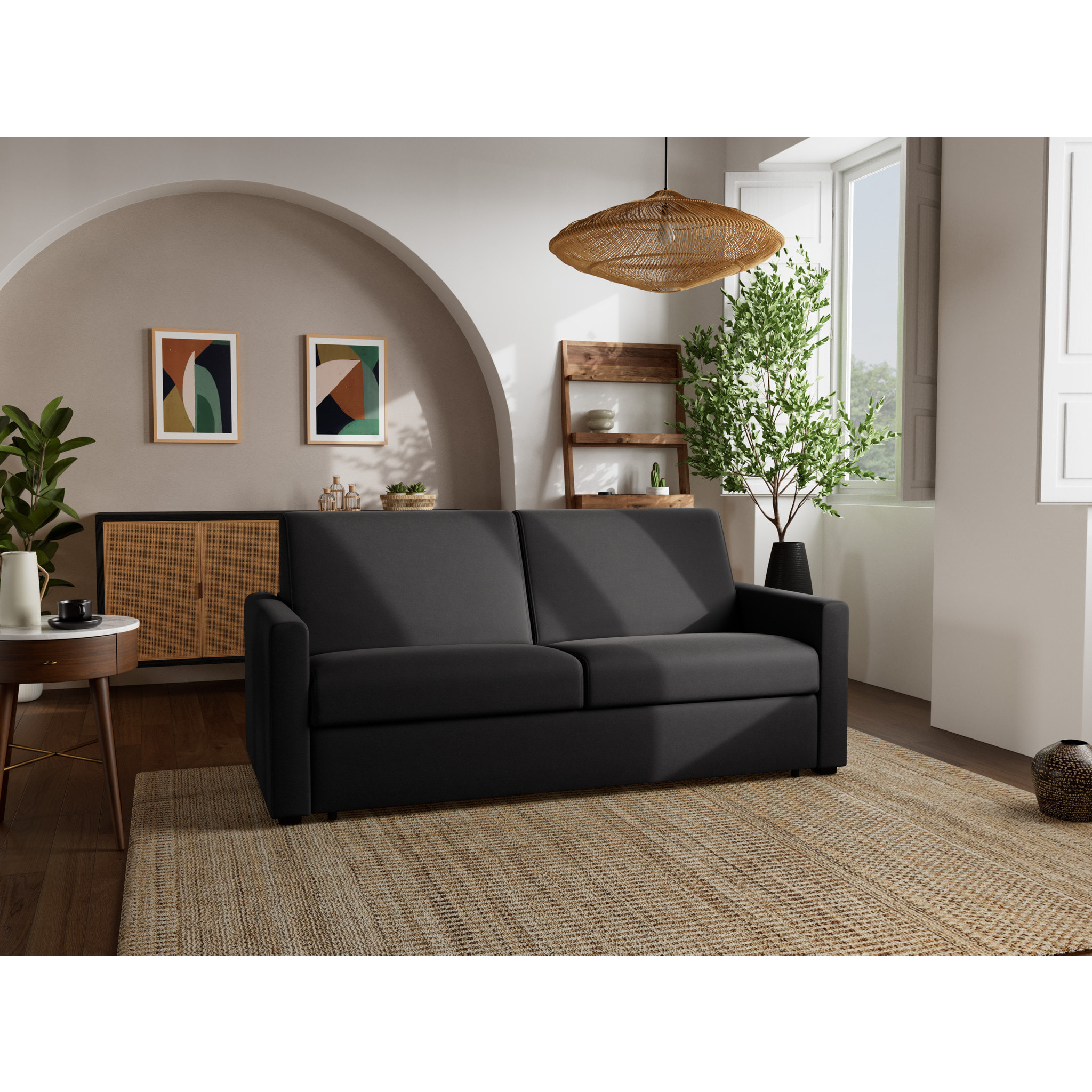 Julia - canapé 3 places convertible couchage quotidien matelas 14 cm en tissu - Noir