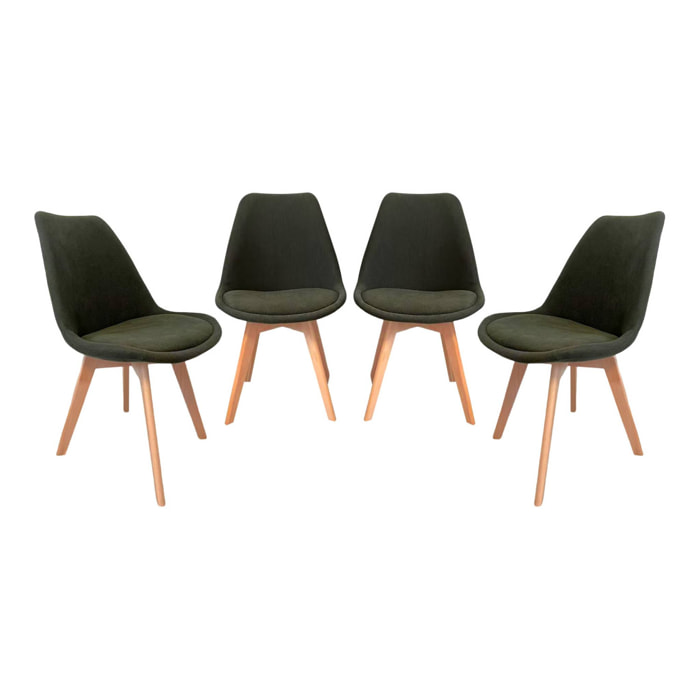 Lot de 4 chaises scandinaves revêtement velours côtelé kaki. pieds bois de hêtre - Nils