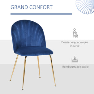 Lot de 2 chaises style art-déco dossier strié arrondi piètement métal doré incliné effilé velours bleu roi