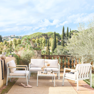Salon de jardin Casoria. beige. aluminium et polywood 4 places. 1 canapé. 2 fauteuils. 1 table basse