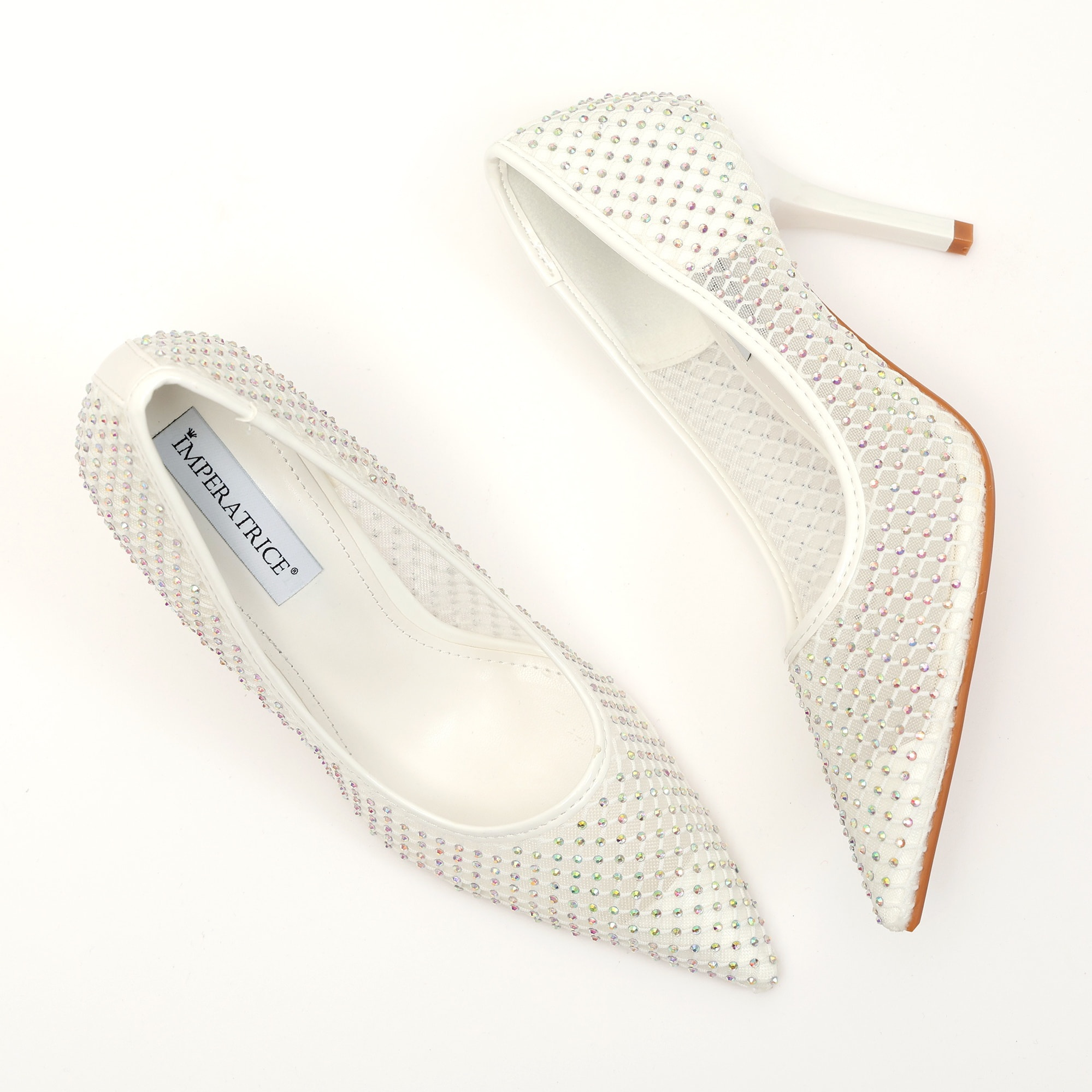 Dècolletè pumps in simil pelle con tomaia bucherellata ricoperta di strass