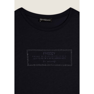 T-shirt donna lunga con spacchi e grafica brillante