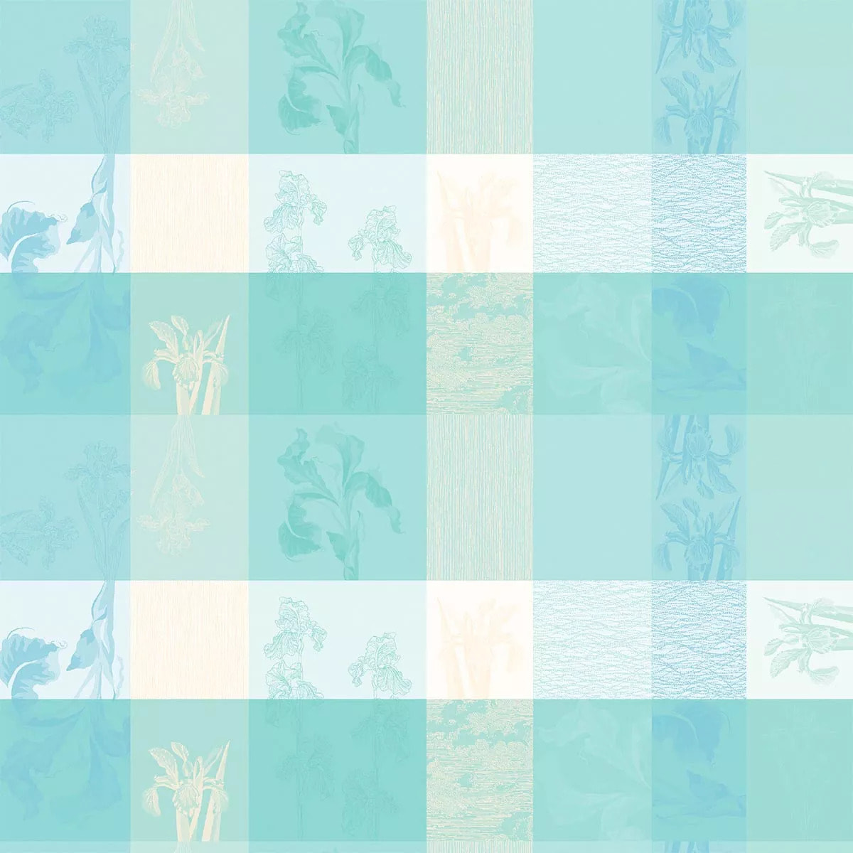 Nappe pur coton enduit 220 g/m² motif jacquard bleu beige Mille iris d'eau aqua