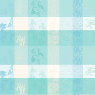 Nappe pur coton enduit 220 g/m² motif jacquard bleu beige Mille iris d'eau aqua