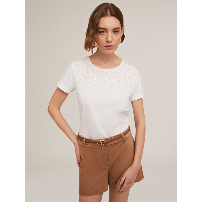 Motivi - T-shirt con perle ricamate - Bianco