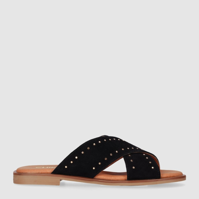 Sandalias de Serraje - Negro - Tacón: 1 cm