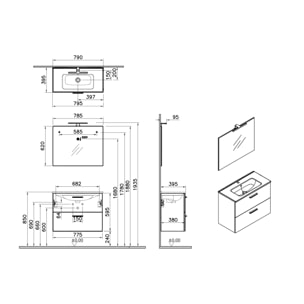 Set Mia ensemble meuble 79x61x39,5 cm  avec miroir, lavabo, éclairage LED + armoire 145x35x35cm, Cordoba