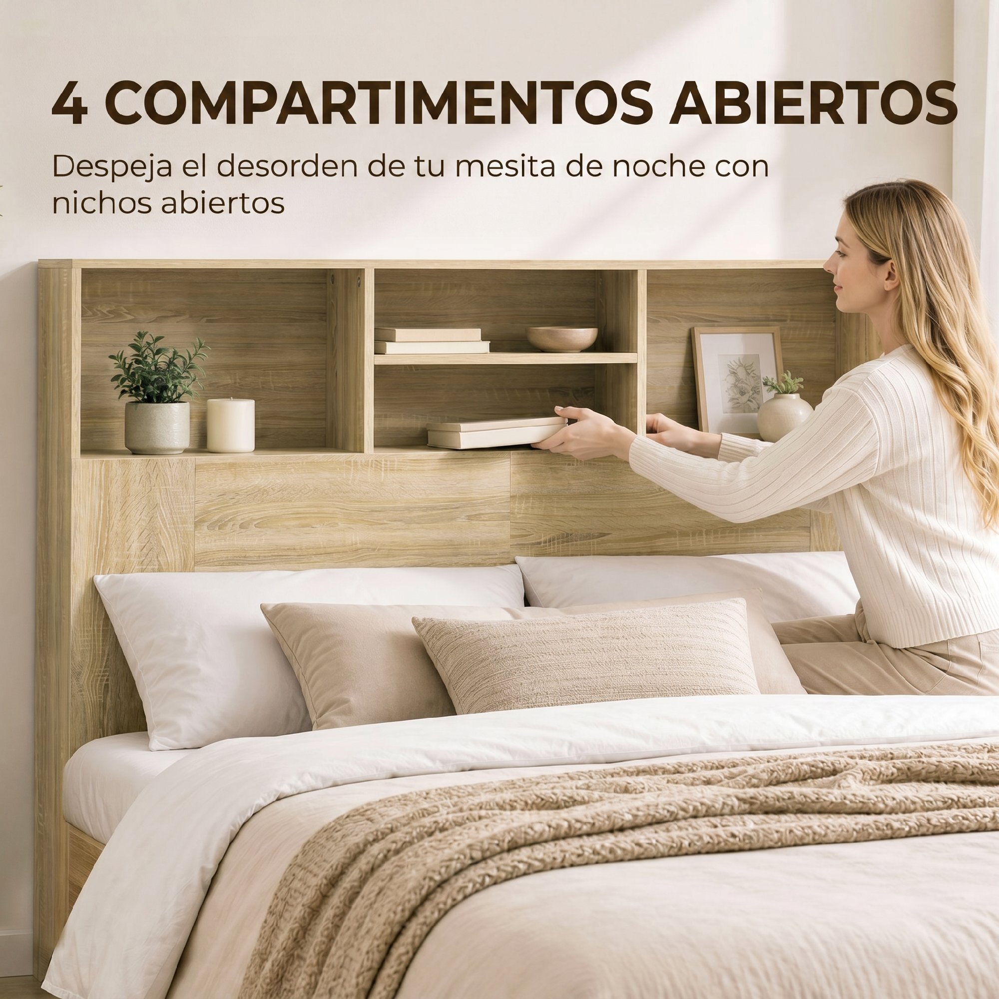 HOMCOM Cabecero de Cama 140 cm con Almacenaje, Cabezal de Cama con 4 Compartimentos Abiertos, Cabecero Moderno para Dormitorio, Roble