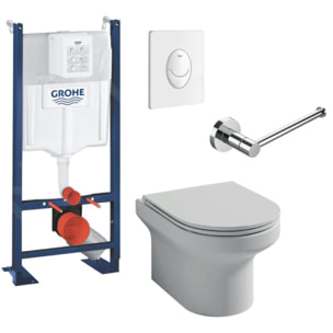 Pack WC suspendu sans bride Elite + Bâti support GROHE Rapid SL + plaque blanche Quickfix + porte-rouleau chromé