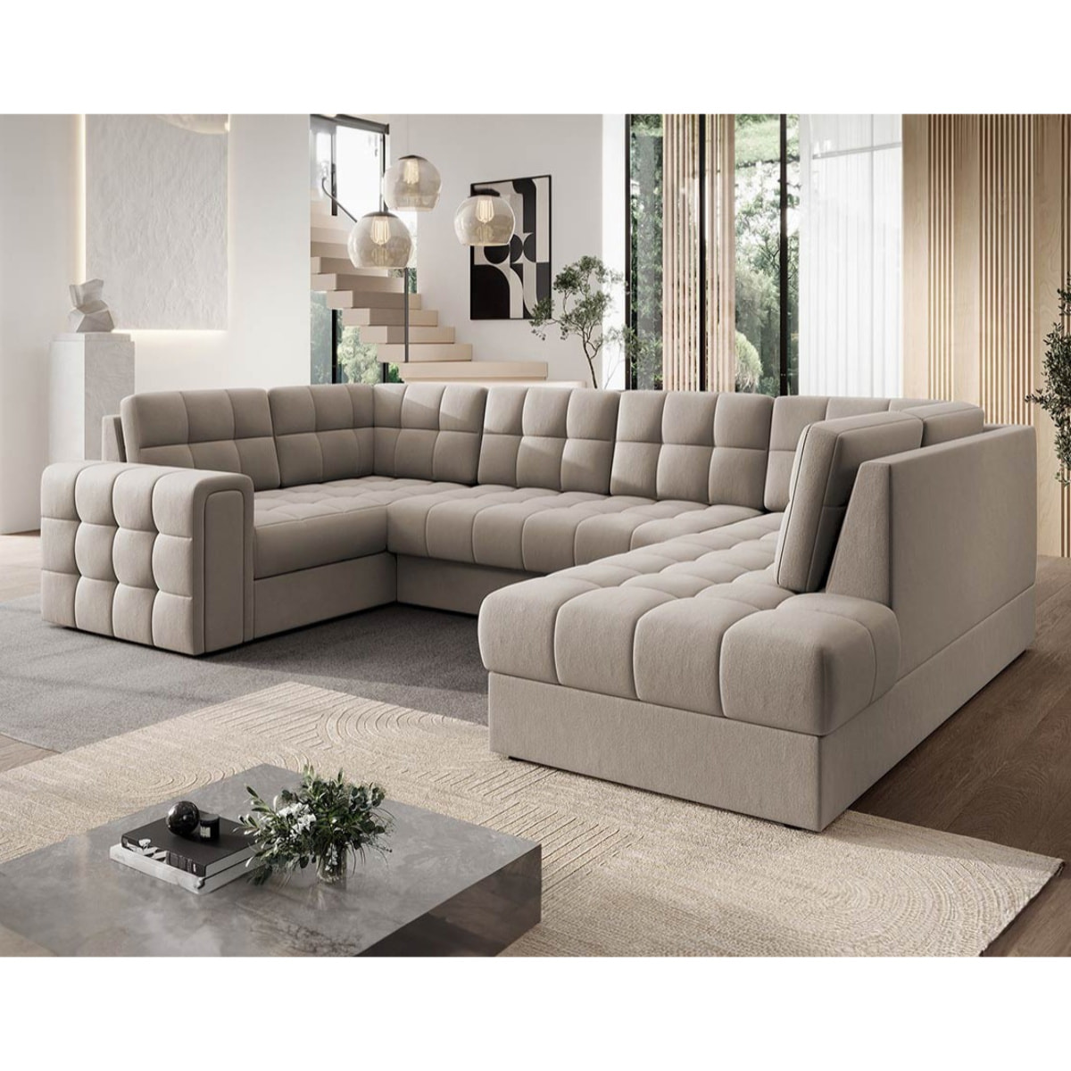 Nappa - Canapé panoramique d'angle gauche 7 places convertible avec coffre en velours - Beige