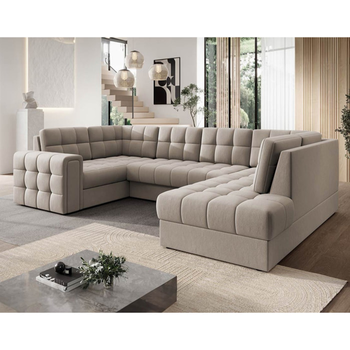 Nappa - Canapé panoramique d'angle gauche 7 places convertible avec coffre en velours - Beige