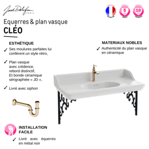 Plan vasque suspendu Cléo 1889 avec équerres métal noir + colonne gauche + siphon or