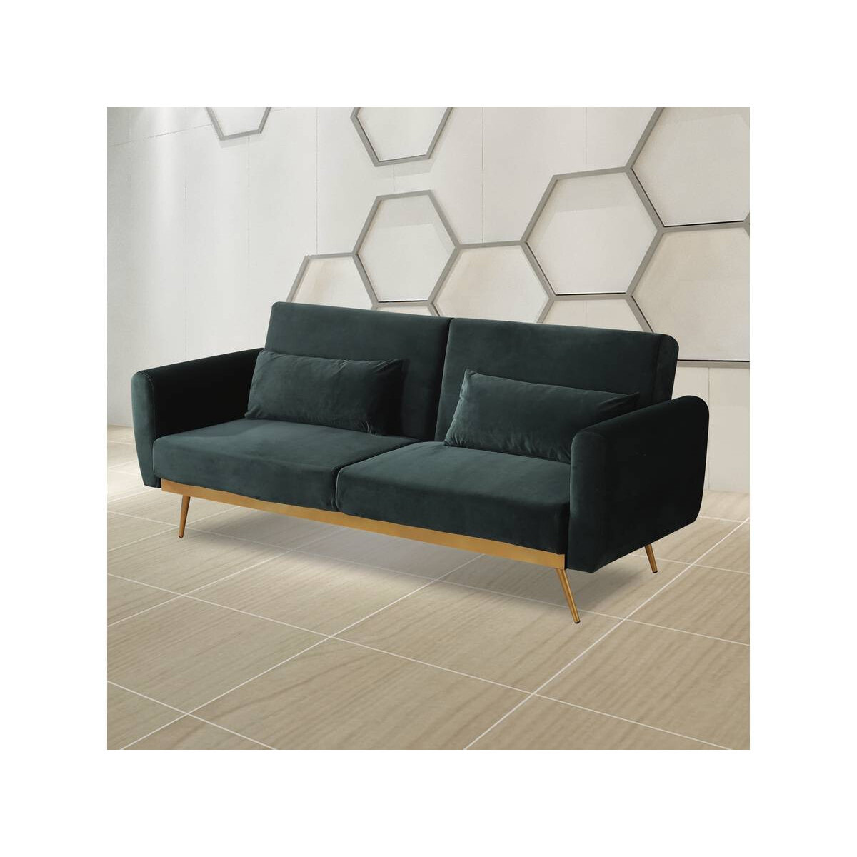 Canapé Clic Clac en velours "Donia" - 203 x 81 x 83 cm - 3 places - Vert foncé