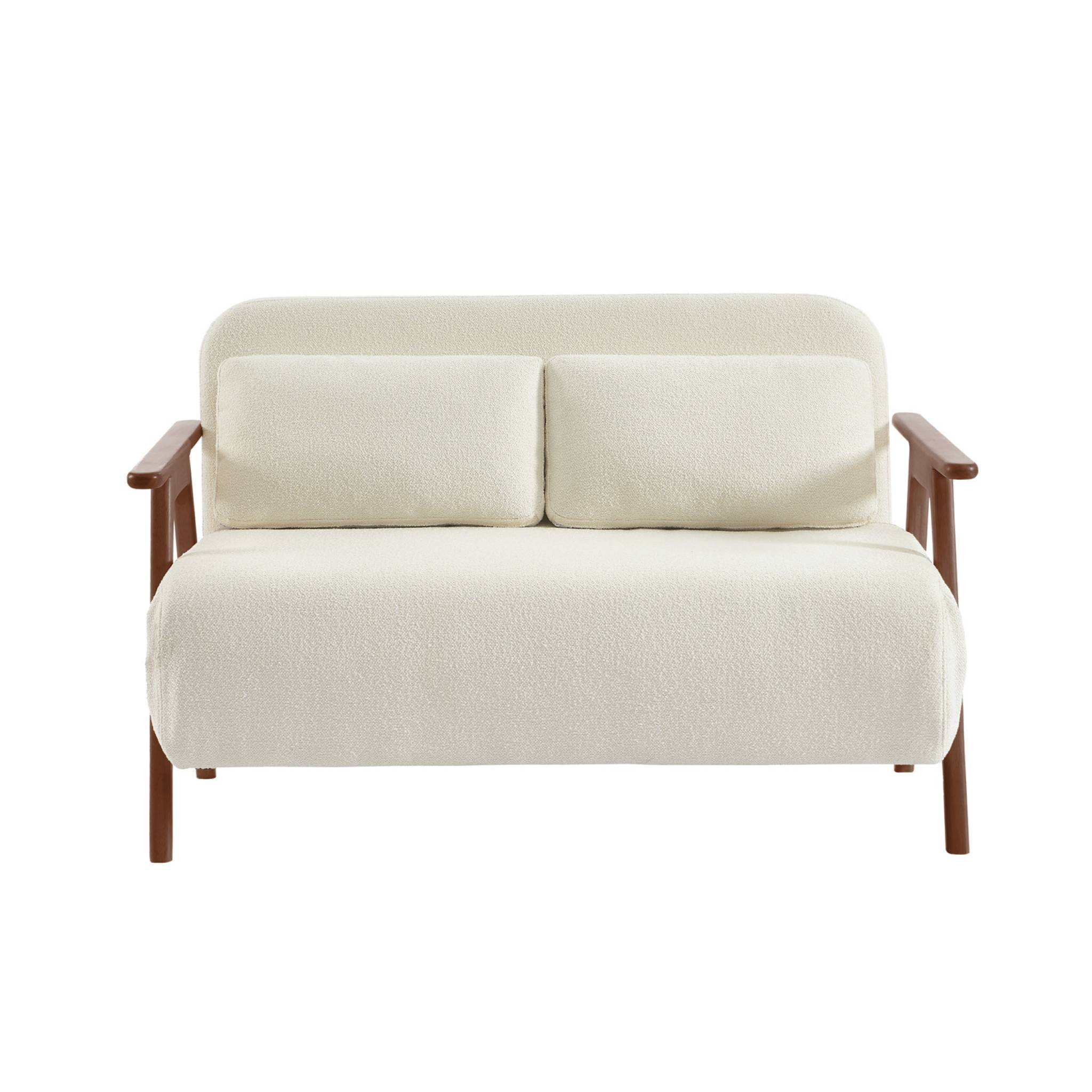 Banquette canapé convertible 2 places bois d'hévéa teinté noyer clair et bouclette texturée blanche L 133 x P 81 x 84cm - Sven