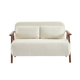 Banquette canapé convertible 2 places bois d'hévéa teinté noyer clair et bouclette texturée blanche L 133 x P 81 x 84cm - Sven
