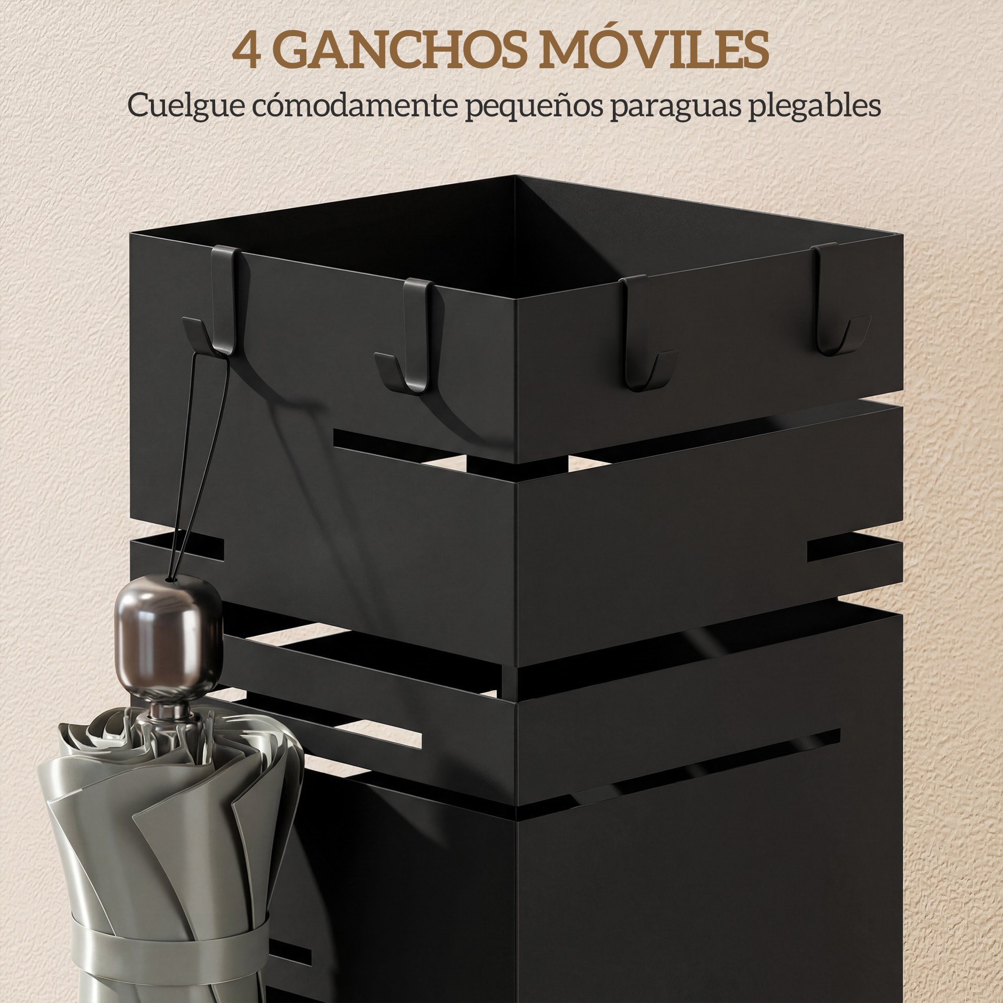 ParagÃƒÂ¼ero Metálico, Soporte de Paraguas con 4 Ganchos y Bandeja de Goteo Extraíble, ParagÃƒÂ¼ero Negro para Entrada, Oficina, 15,5x15,5x49 cm