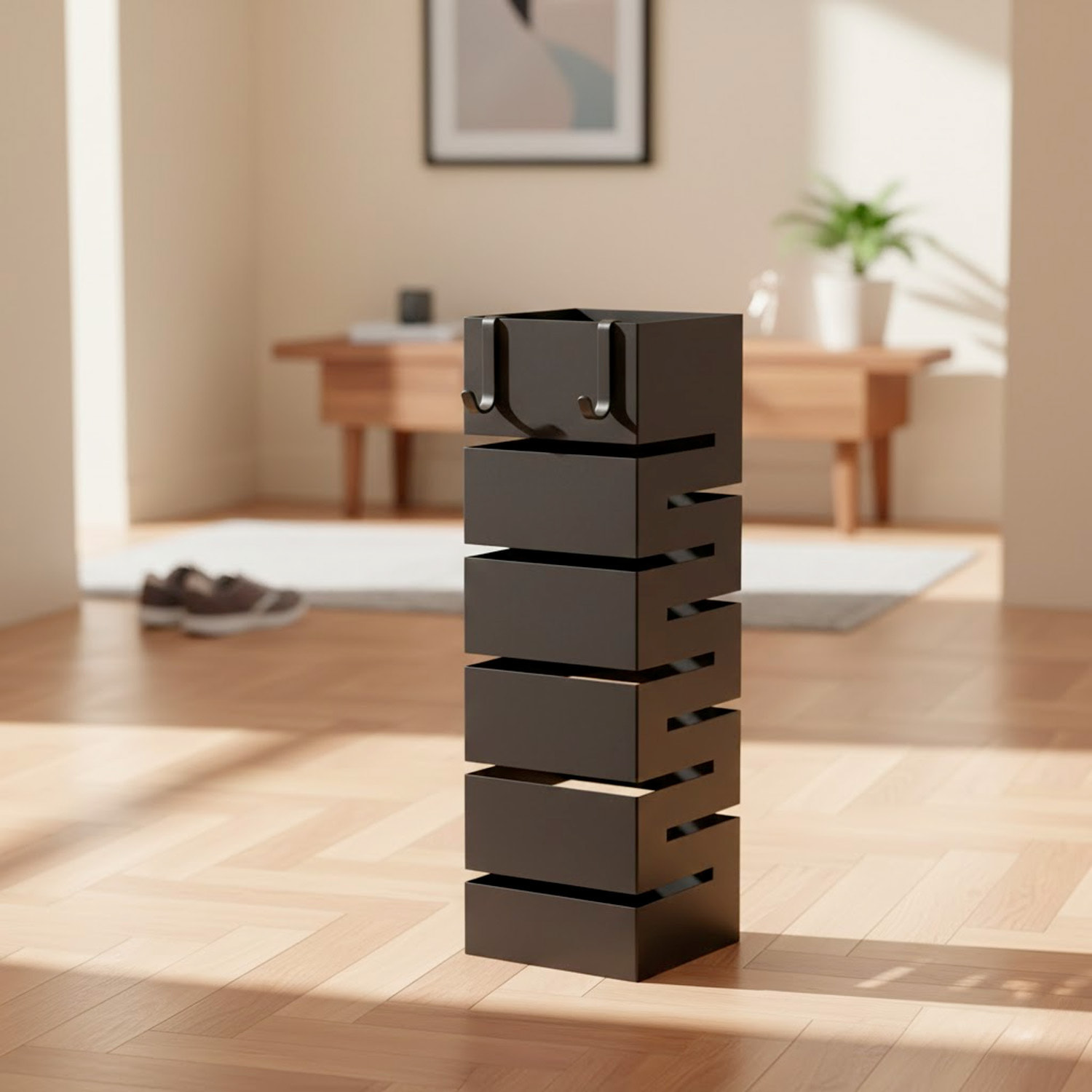 Portaombrelli In Acciaio Zincato Per Interno Esterno Con Vaschetta Scolapioggia 2 Ganci Removibili Base Antiscivolo 49 x 15.5 x 15.5 Cm Nero