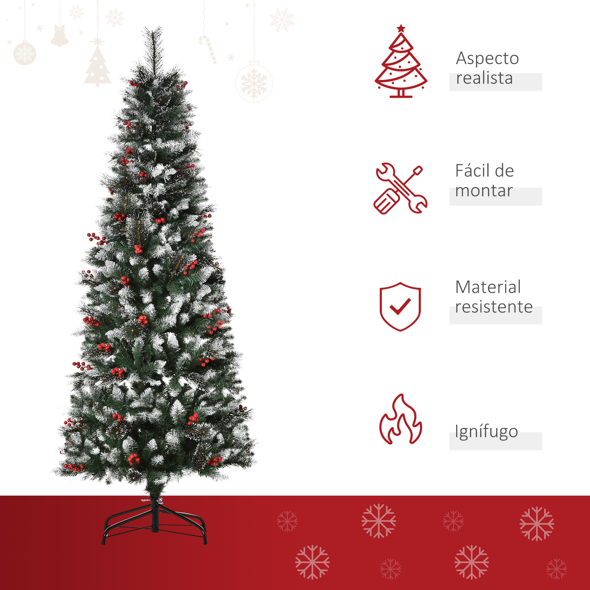 HOMCOM árbol de Navidad Artificial con Nieve 180 cm Ignífugo con 539 Ramas 51 Bayas Hojas de PVC Base Plegable y Soporte Metálico Decoración Navideña para Interiores Verde