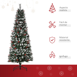 HOMCOM árbol de Navidad Artificial con Nieve 180 cm Ignífugo con 539 Ramas 51 Bayas Hojas de PVC Base Plegable y Soporte Metálico Decoración Navideña para Interiores Verde