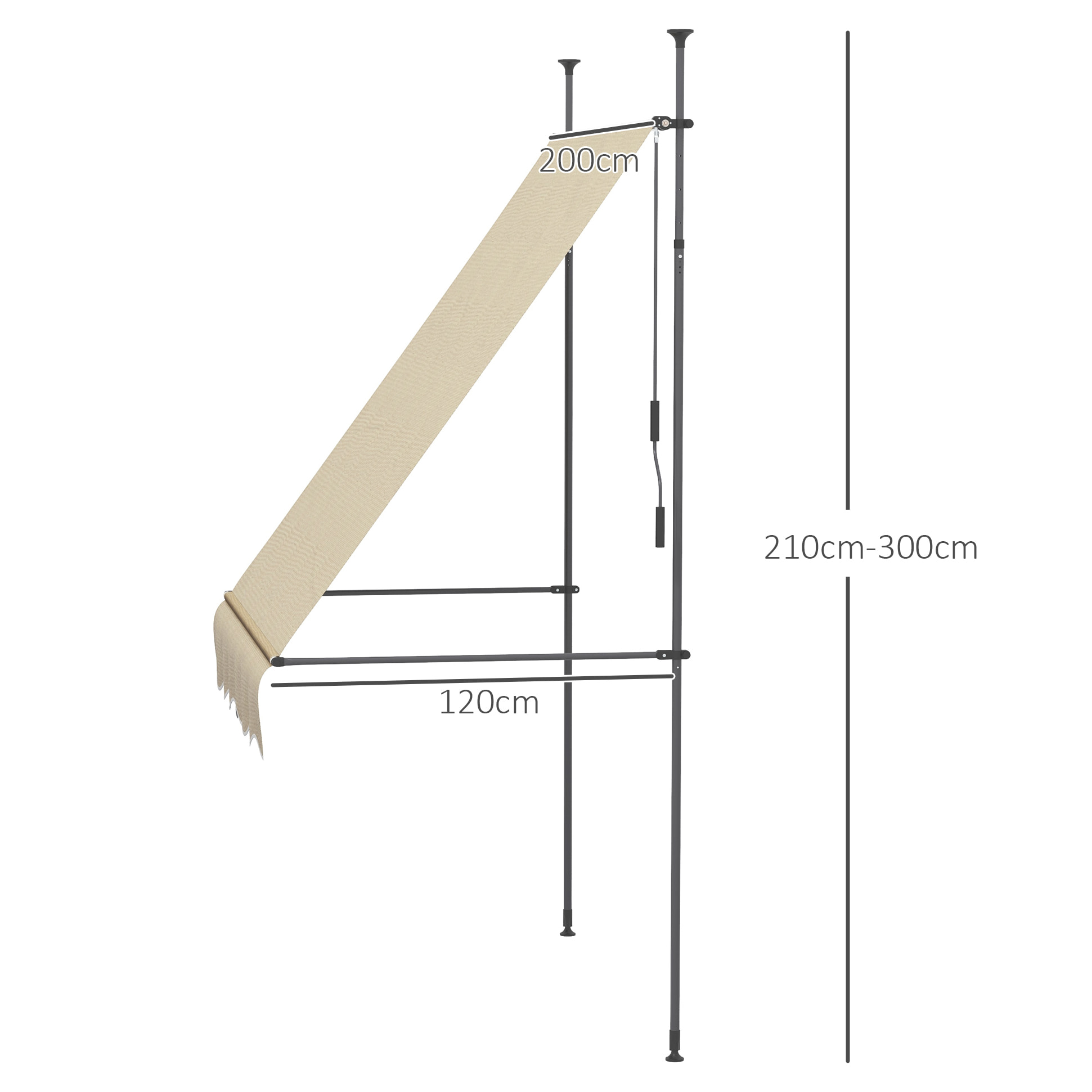 Toldo Manual Retráctil 2x1,2 m Toldo Exterior Terraza Enrollable Altura Ajustable con Manivela 210-300 cm Sin Taladro Protección UV30+ para Balcón Jardín Beige