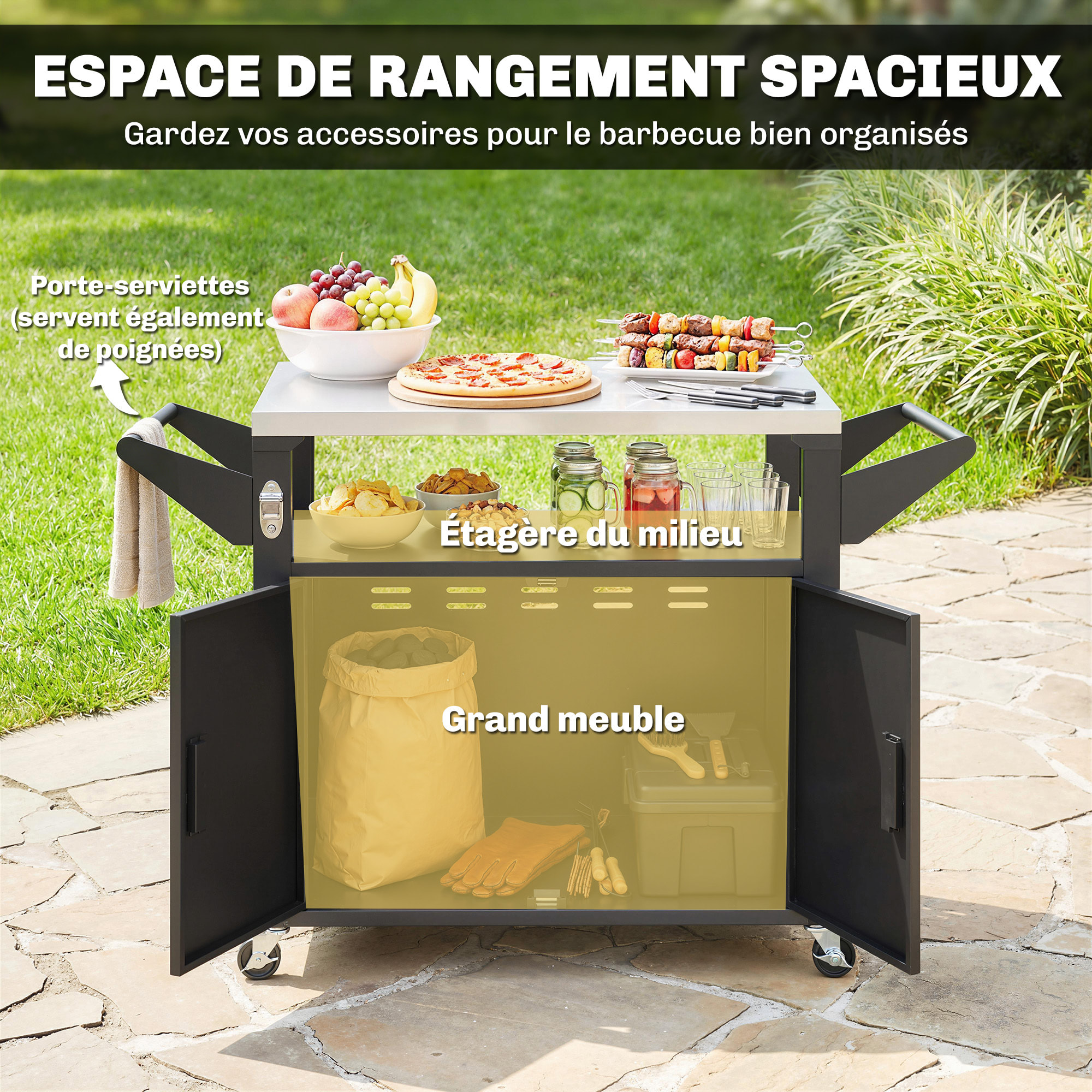 Desserte jardin chariot plancha 2 portes étagère métal noir acier inox