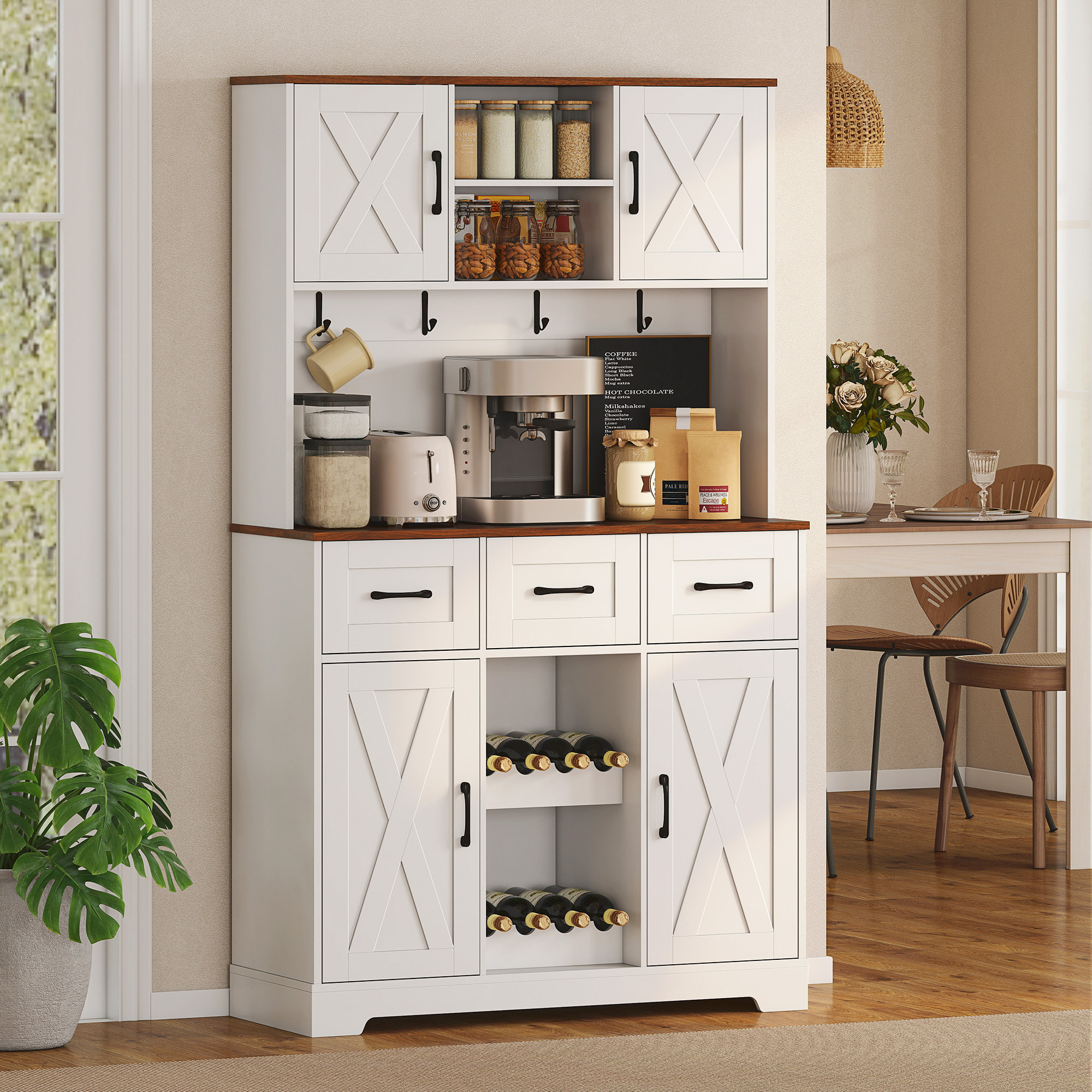 Alacena de Cocina Alta, Mueble Auxiliar de Cocina, Botellero para 8 Botellas, 4 Puertas, 3 Cajones, Estantes Abiertos, Encimera Amplio, 4 Ganchos, Orificio para Cables, Blanco, 100x38x172 cm