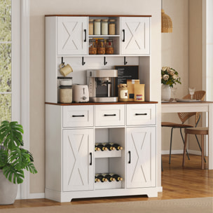 Alacena de Cocina Alta, Mueble Auxiliar de Cocina, Botellero para 8 Botellas, 4 Puertas, 3 Cajones, Estantes Abiertos, Encimera Amplio, 4 Ganchos, Orificio para Cables, Blanco, 100x38x172 cm