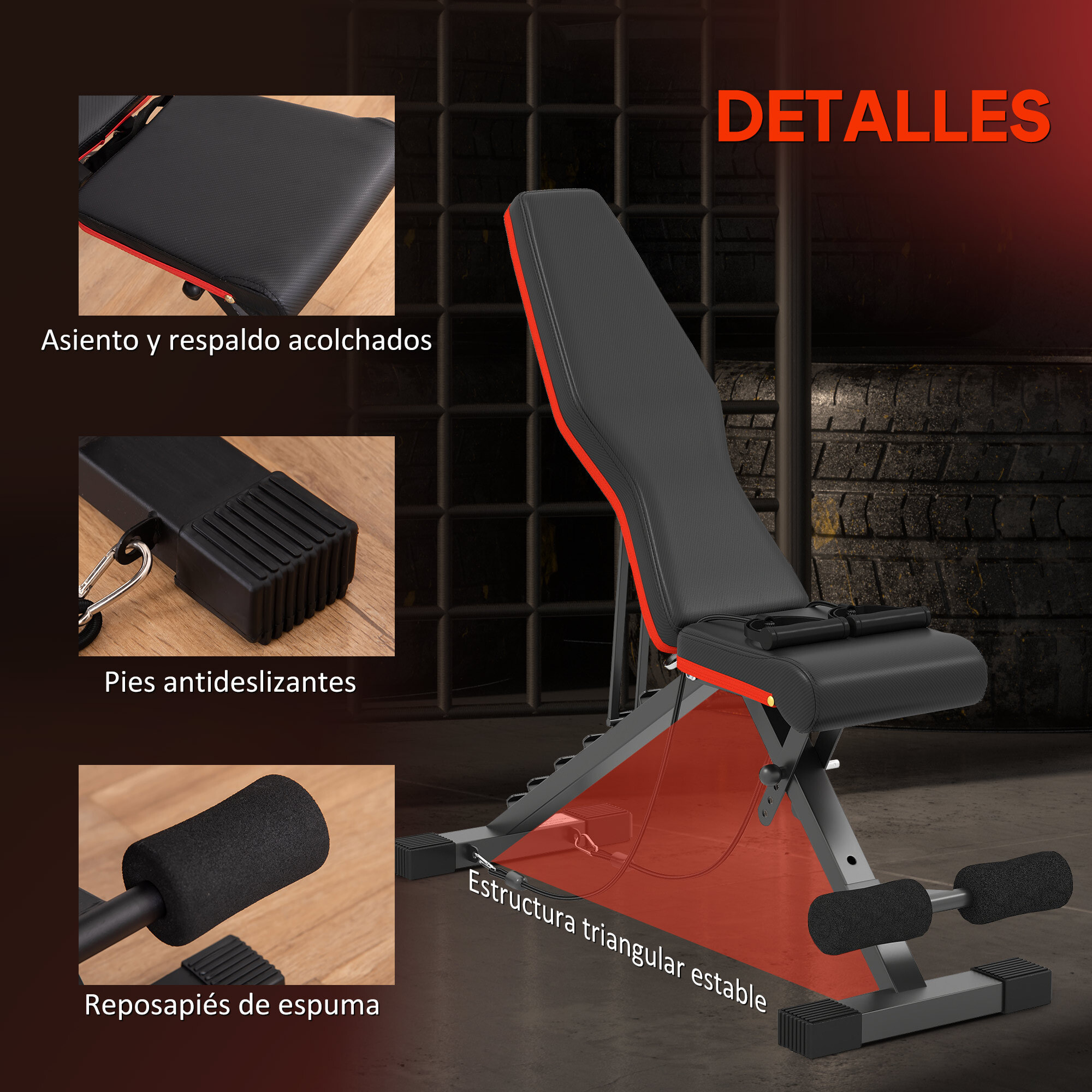 Banco de Musculación Plegable, Banco de Pesas, Respaldo y Asiento Ajustables, Extensión de Pierna, Cojín de Predicador y Banda de Resistencia, para Entrenamiento Completo, Gimnasio en Casa