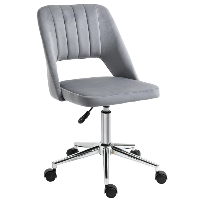 Chaise de bureau design contemporain dossier ergonomique ajouré strié hauteur réglable pivotante 360° piètement chromé velours gris