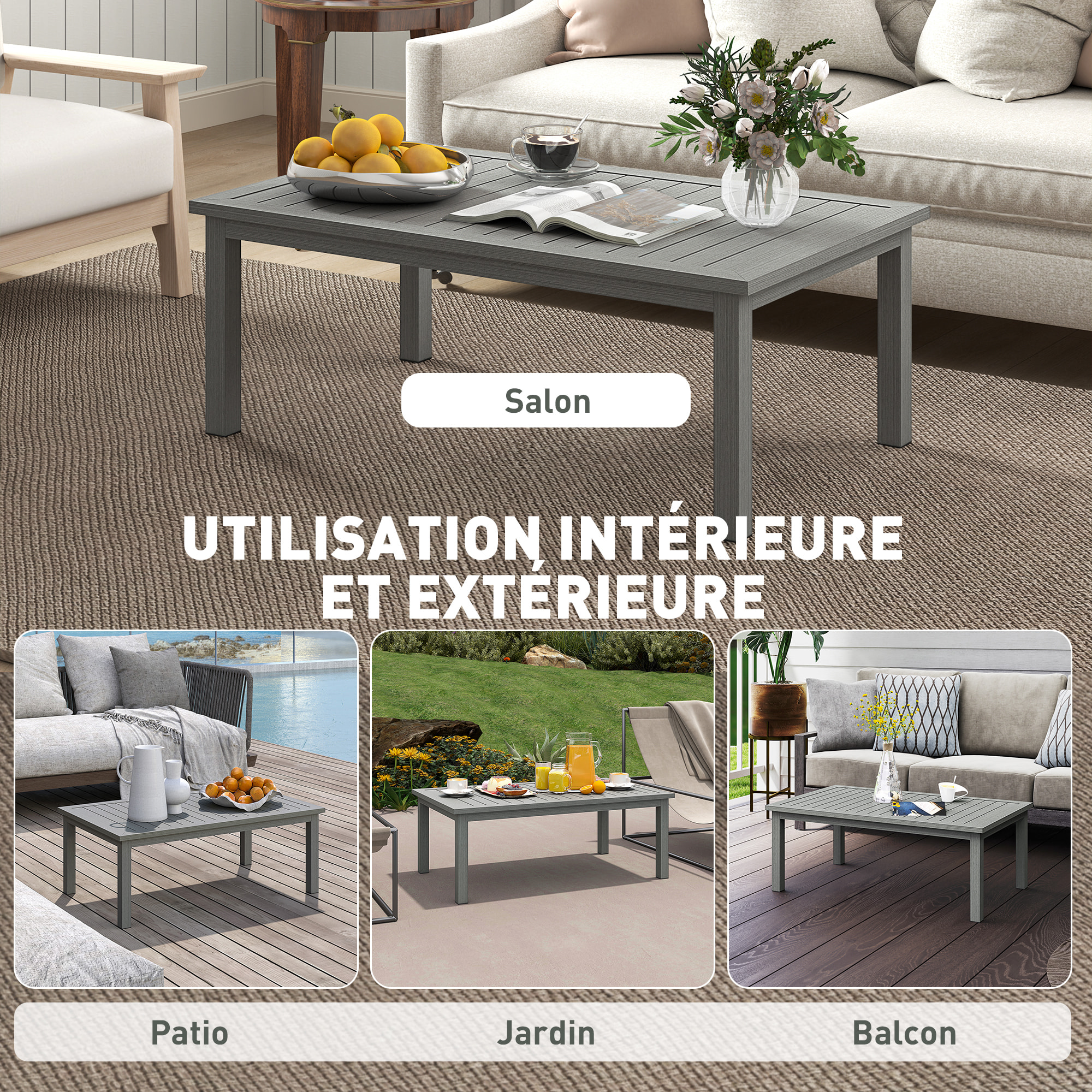 Table basse rectangulaire de jardin plateau lattes 100 x 60 x 37 cm alu effet bois gris