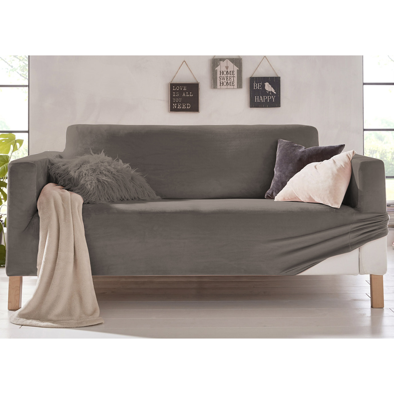 Copridivano 4 Posti Elasticizzato In Tinta Unita Effetto Velluto Modello Morbidissimo Colore Tortora