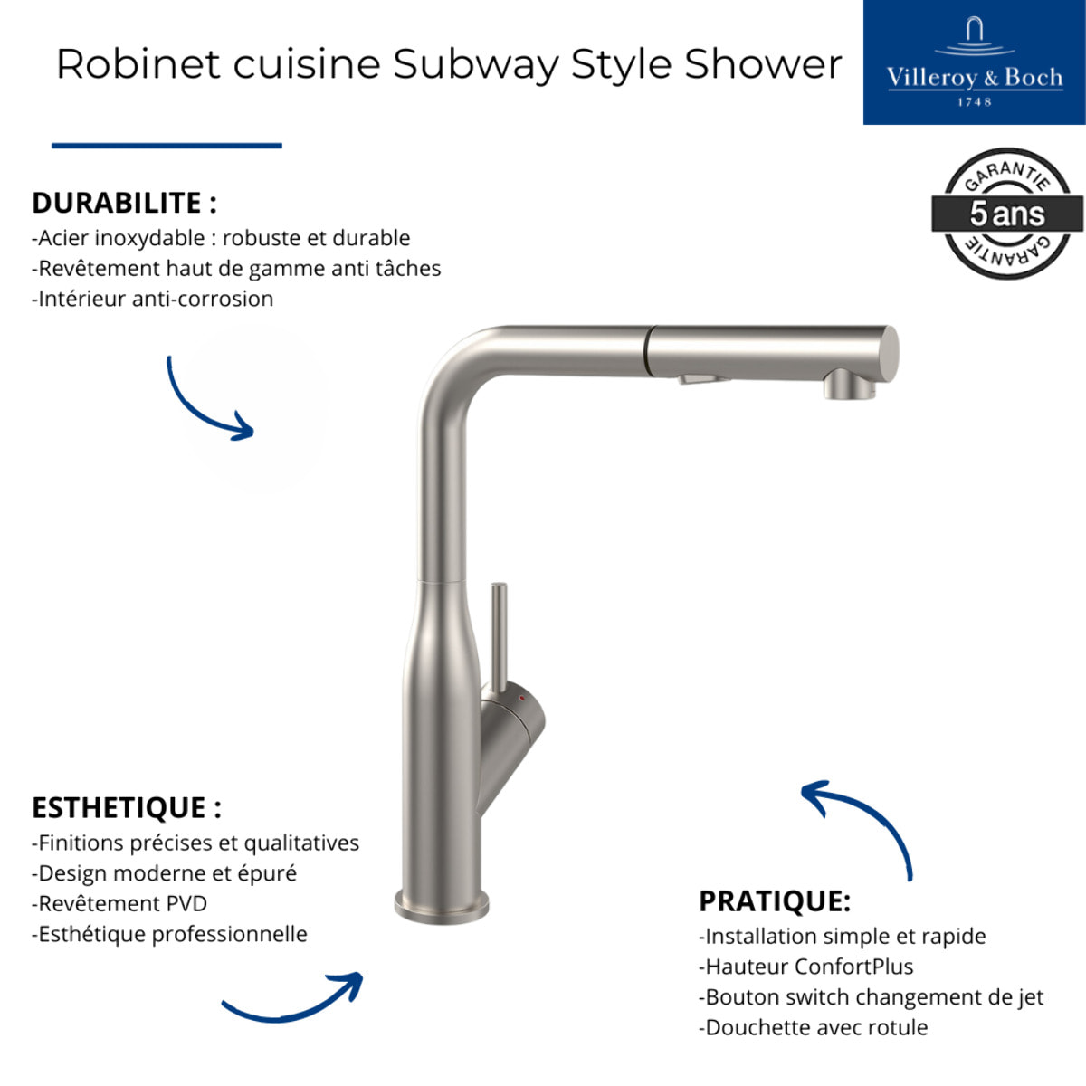 Robinet cuisine Subway Style Shower acier massif