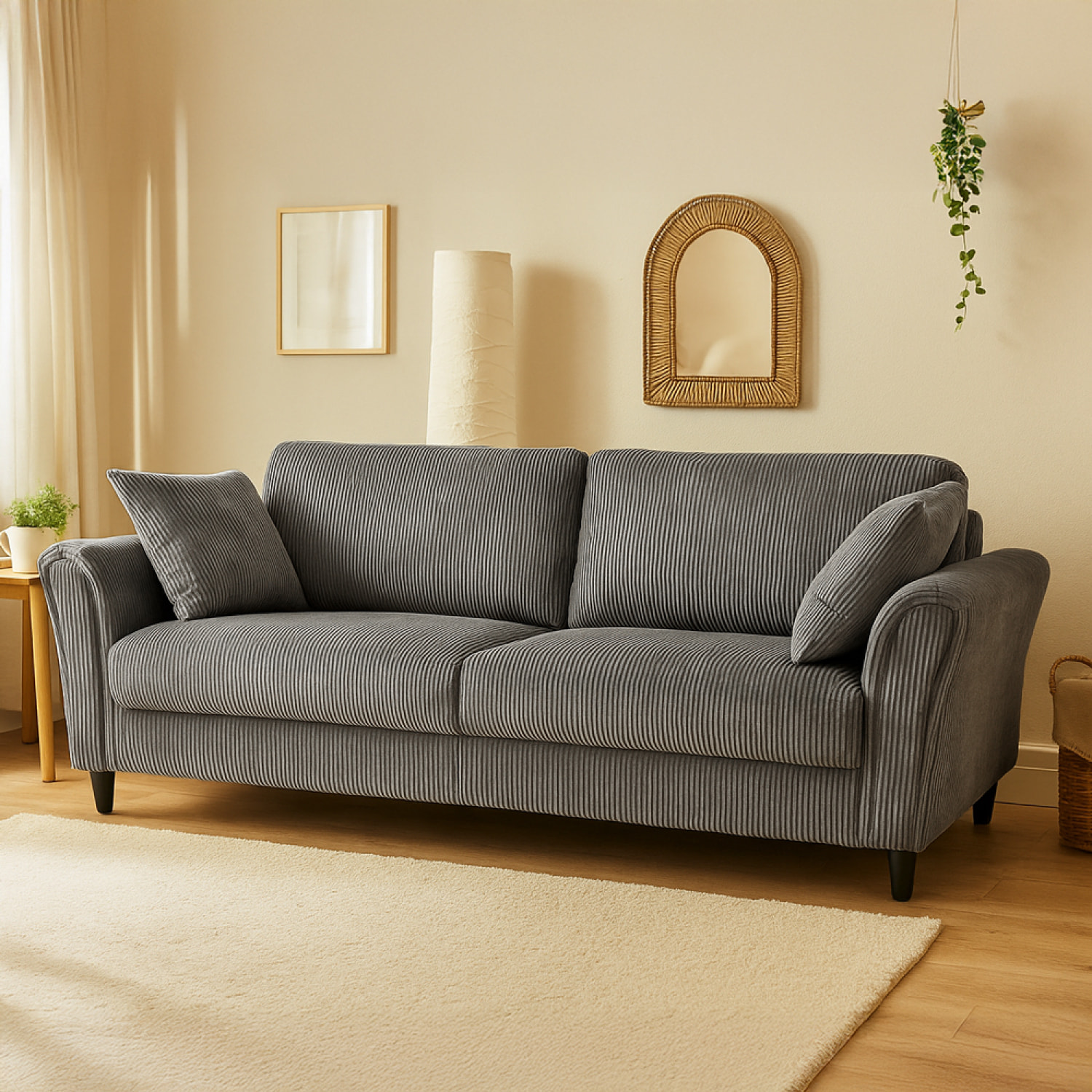 MALERNE Canapé droit 4 places en velours côtelé gris foncé