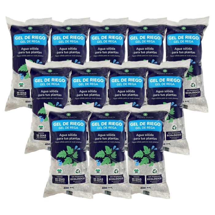 PLANETA HUERTO | Pack 12x Gel de Riego Automático 400 ml – Gel de Riego para macetas, huertos urbanos y jardineras, mantiene la humedad hasta 30 días sin necesidad de riego diario