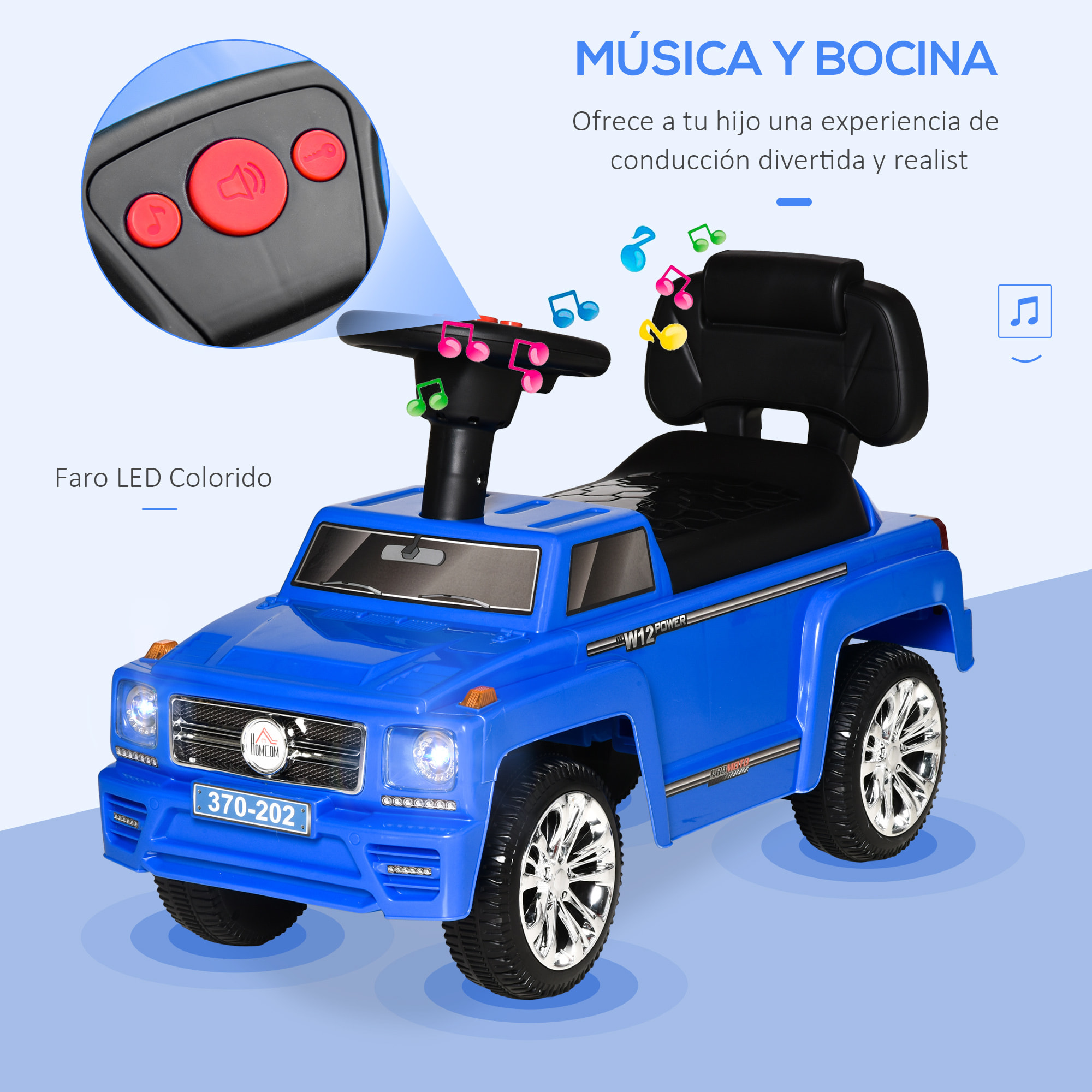 Coche Correpasillos para Bebé de 18-36 Meses Coche sin Pedales con Faros Música Bocina Compartimento de Almacenaje y Respaldo Alto 68x30,5x41,5 cm Azul