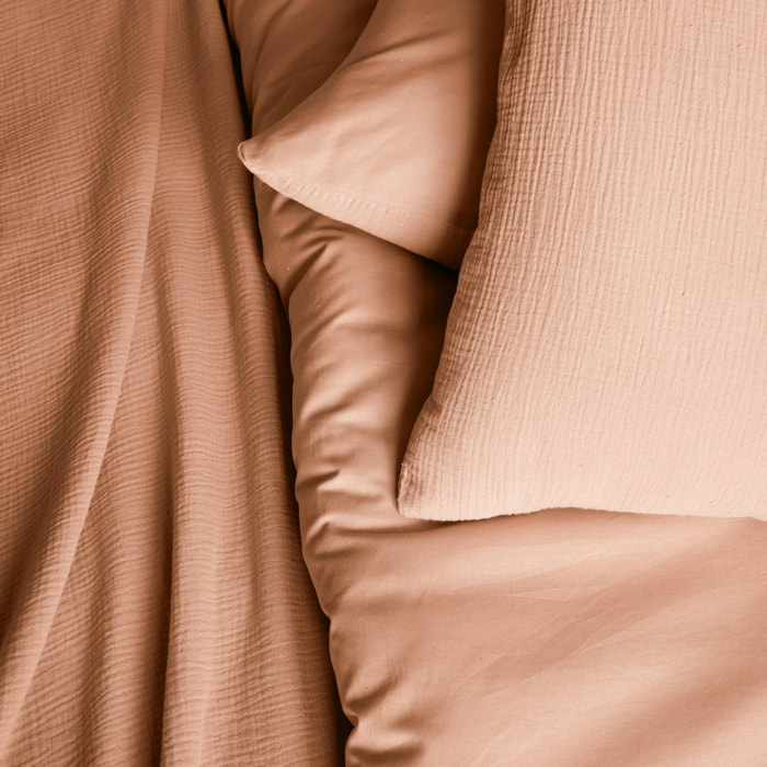 Parure de lit gaze de coton 2 places pêche Alix 240x220cm