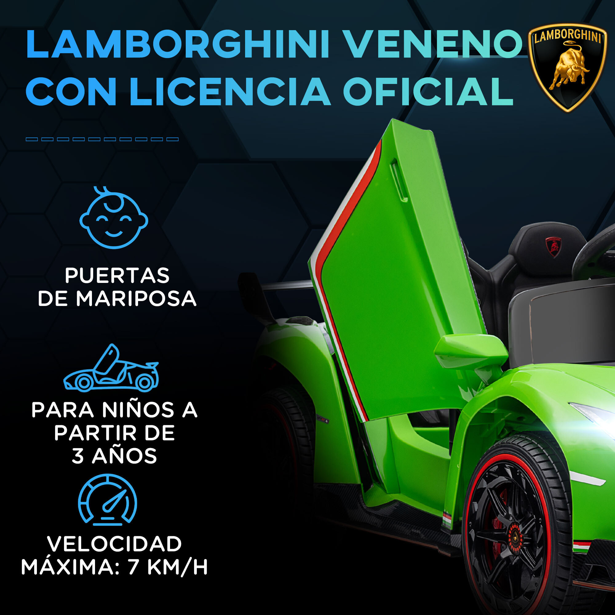 Coche Eléctrico Lamborghini para Niños de 3 a 6 Años Coche de Batería 12V Velocidad Max.7 km/h Puerta de Tijera con Control Remoto MP3 Luces y Cinturón de Seguridad 111x61x45 cm Verde