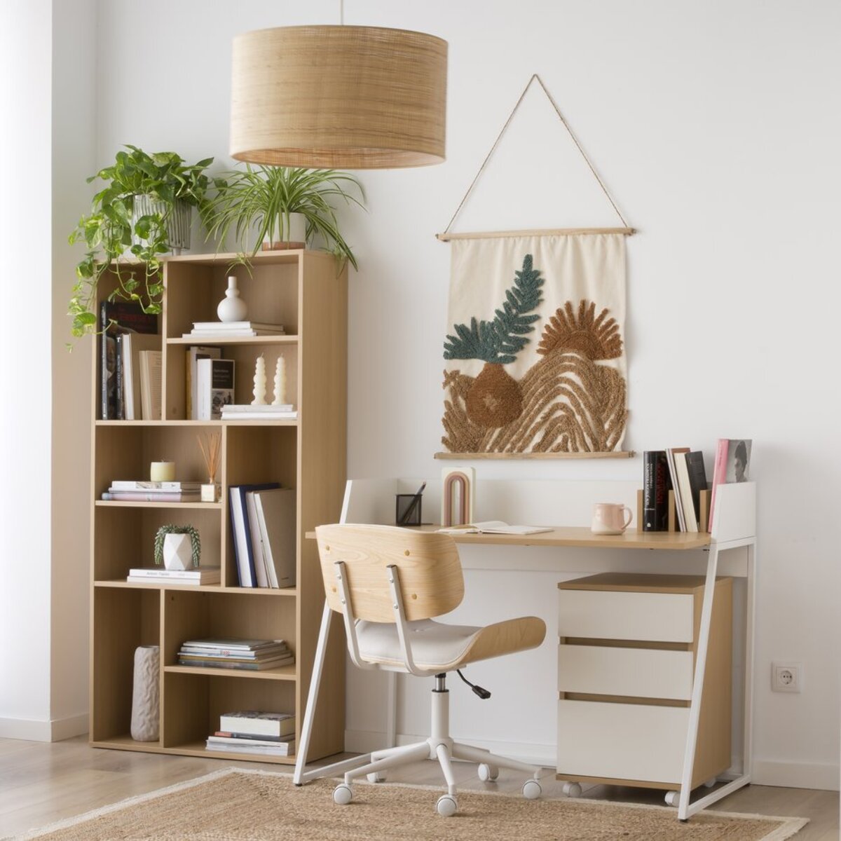 Caisson 3 tiroirs pour Étagère Poppy -tableau technique stratifié-couleur chêne clair/blanc 40 x 62 x 40 cm