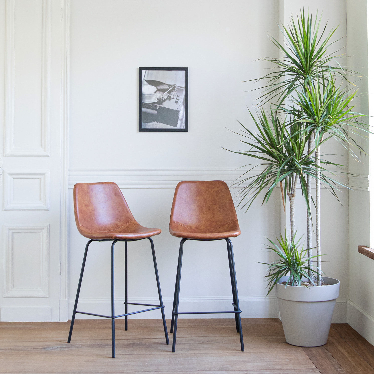 Lot de 2 tabourets de bar vintage LUCIEN cognac - Hauteur d'assise 65cm