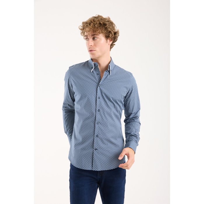 Camicia Uomo 2 Bottoni Button Down Doppio Coll Popeline Stretch Stampato Blu\Bianco