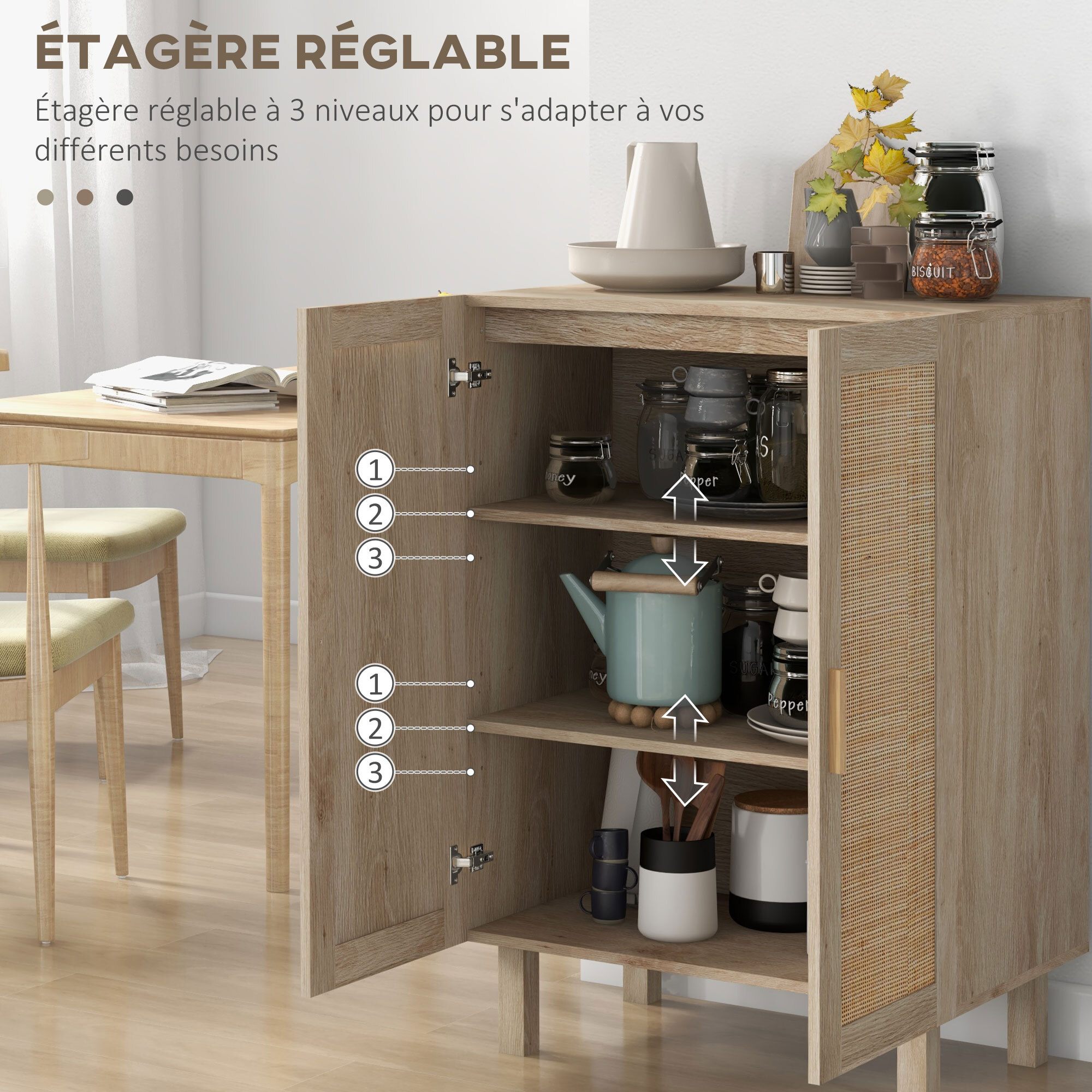 Buffet 2 portes 2 étagères réglables style bohème chic cannage en rotin panneaux aspect bois clair