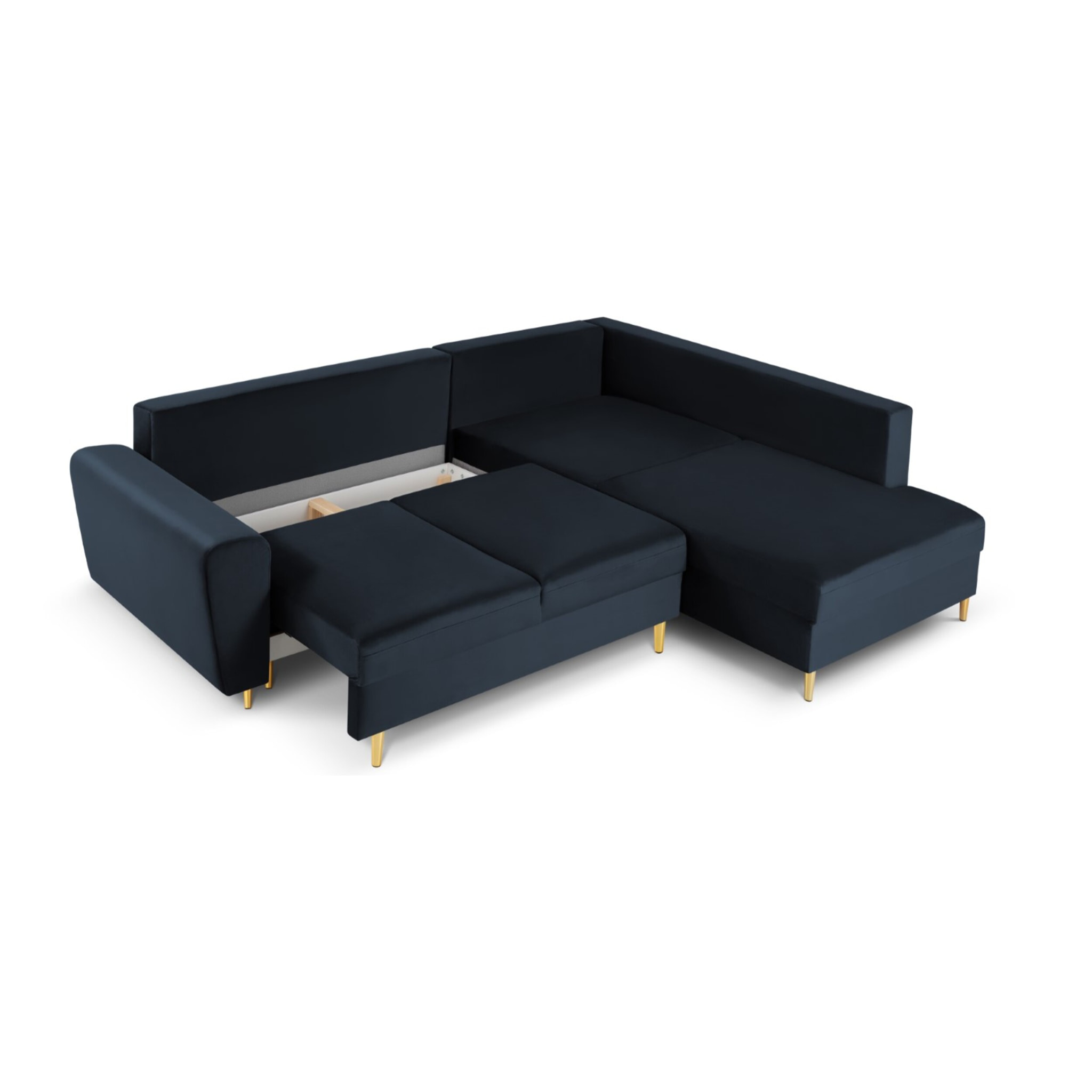Canapé d'angle droit convertible avec coffre de rangement "Kyoto" 5 places en velours bleu foncé