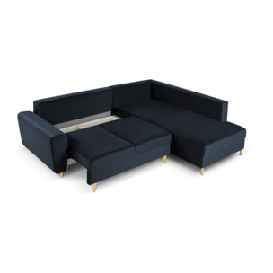 Canapé d'angle droit convertible avec coffre de rangement "Kyoto" 5 places en velours bleu foncé