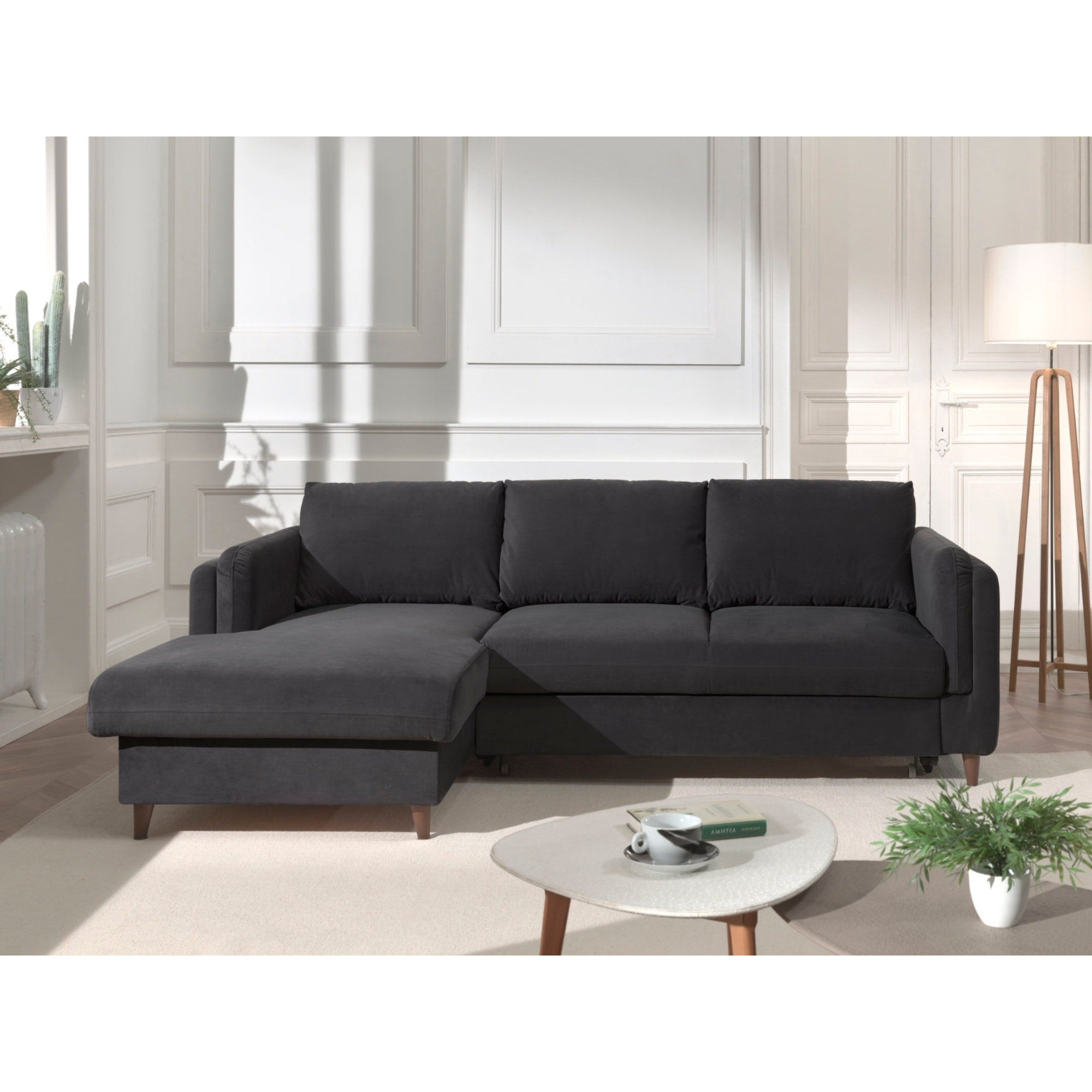 Brooke - canapé d'angle gauche - convertible avec coffre - 4 places - en velours - Gris foncé