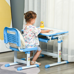 Pupitre Infantil 2 en 1 Juego de Escritorio y Silla para Niños de +6 Años con Altura Ajustable Mesa Regulable en ángulo y Bandeja Deslizante 66x47x77 cm Azul