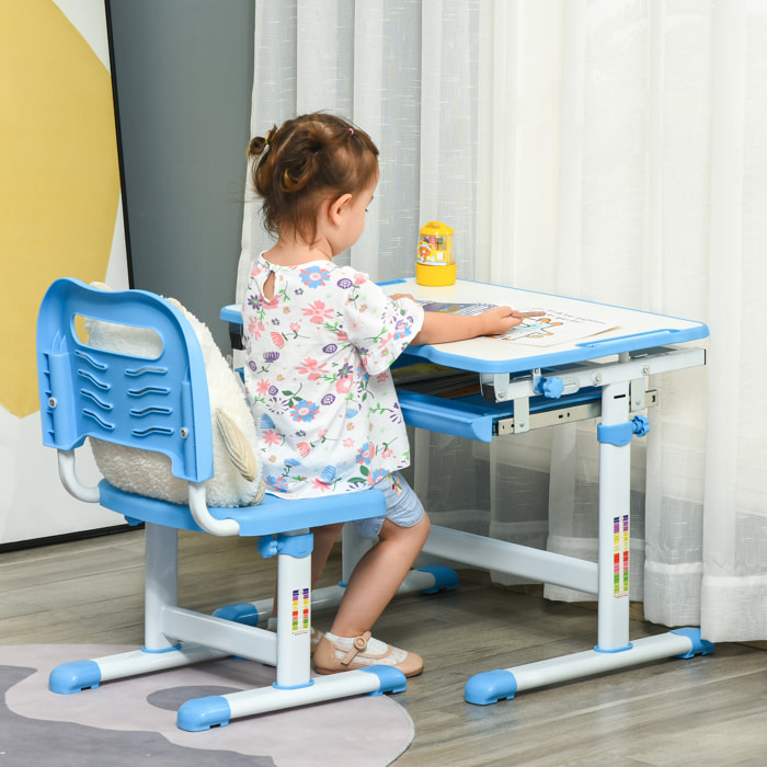 Pupitre Infantil 2 en 1 Juego de Escritorio y Silla para Niños de +6 Años con Altura Ajustable Mesa Regulable en ángulo y Bandeja Deslizante 66x47x77 cm Azul