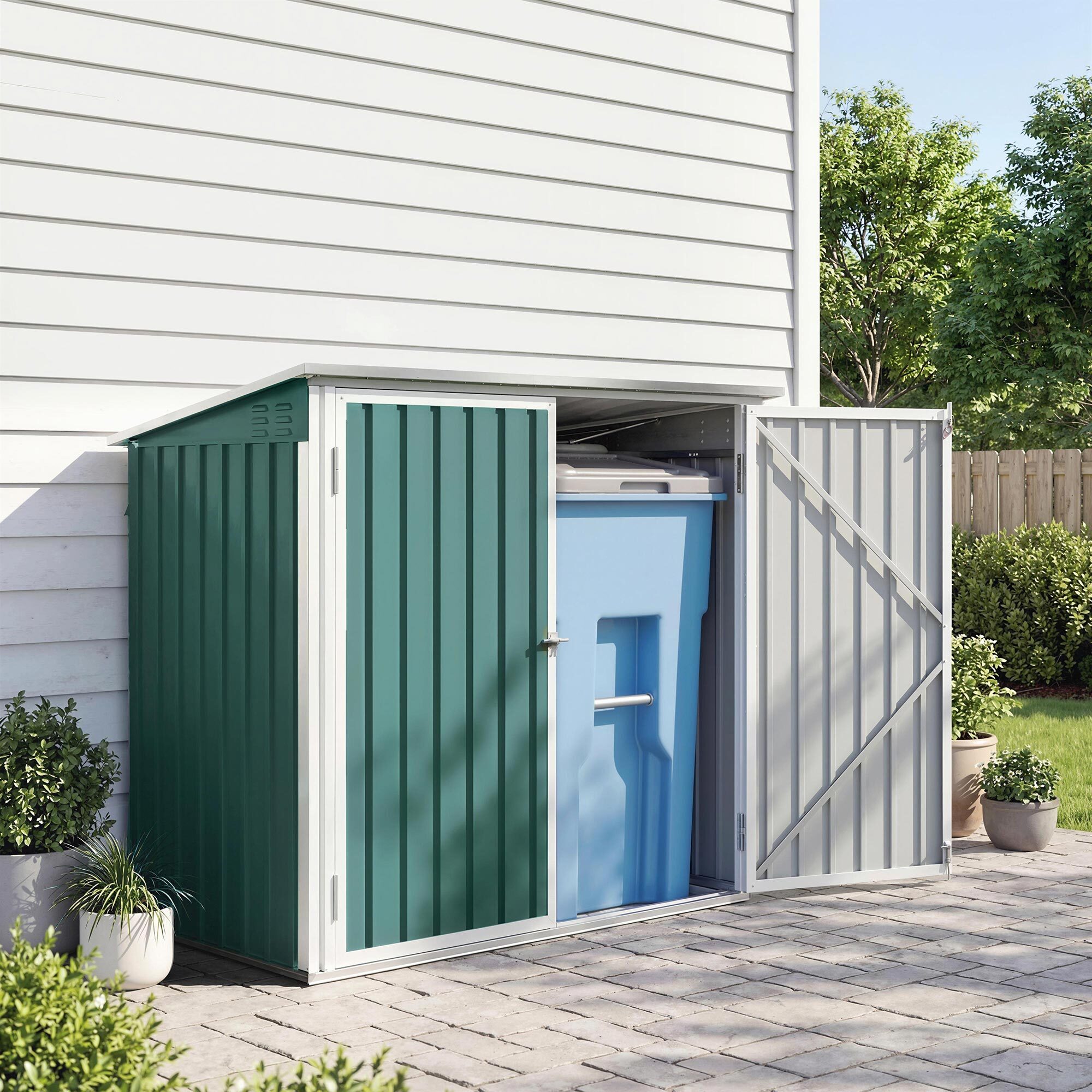 Abri de poubelle jardin - cache poubelle - 2 portes verrouillables, toit ouvrant - tôle d'acier blanc vert