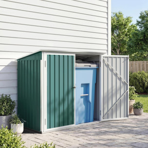 Abri de poubelle jardin - cache poubelle - 2 portes verrouillables, toit ouvrant - tôle d'acier blanc vert