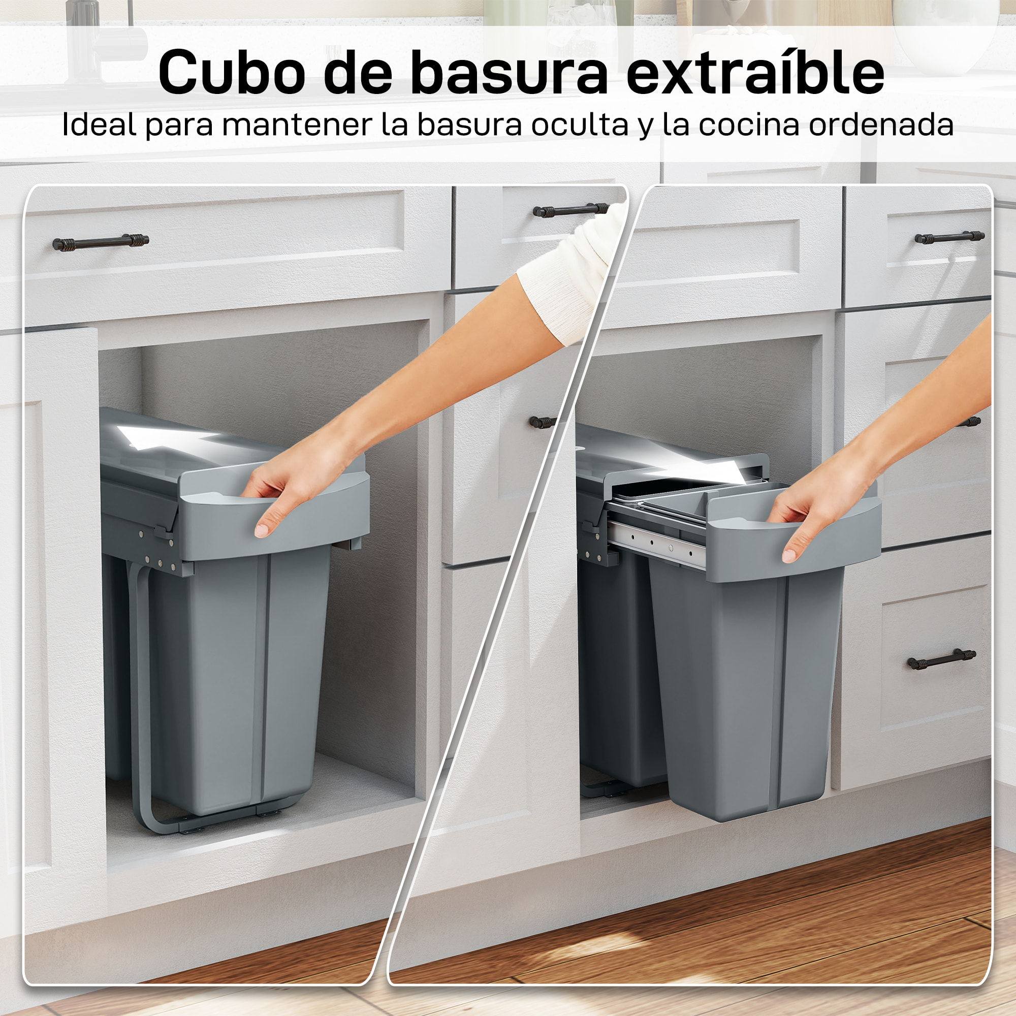 Cubo de Basura bajo Fregadero, Cubo de Basura Cocina, 2 Contenedores de Reciclaje Extraíble, 20L+10L, Deslizamiento Suave, Asa, Tapa con Patrón de Diamante, Gris