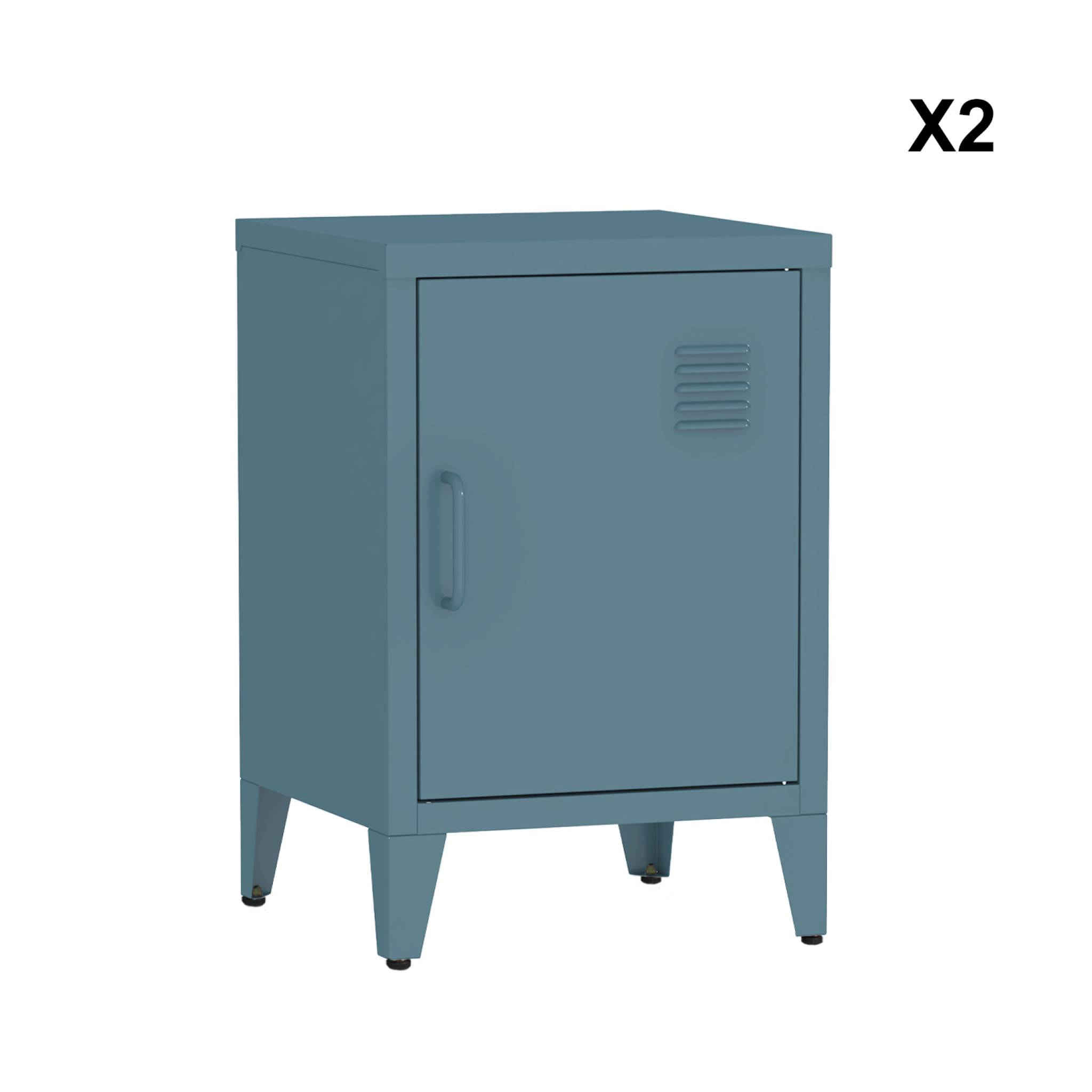 Lot de 2 tables de chevet en acier 1 porte. Bleu pétrole. casier. L 38 x P 38 x H 55.7 cm